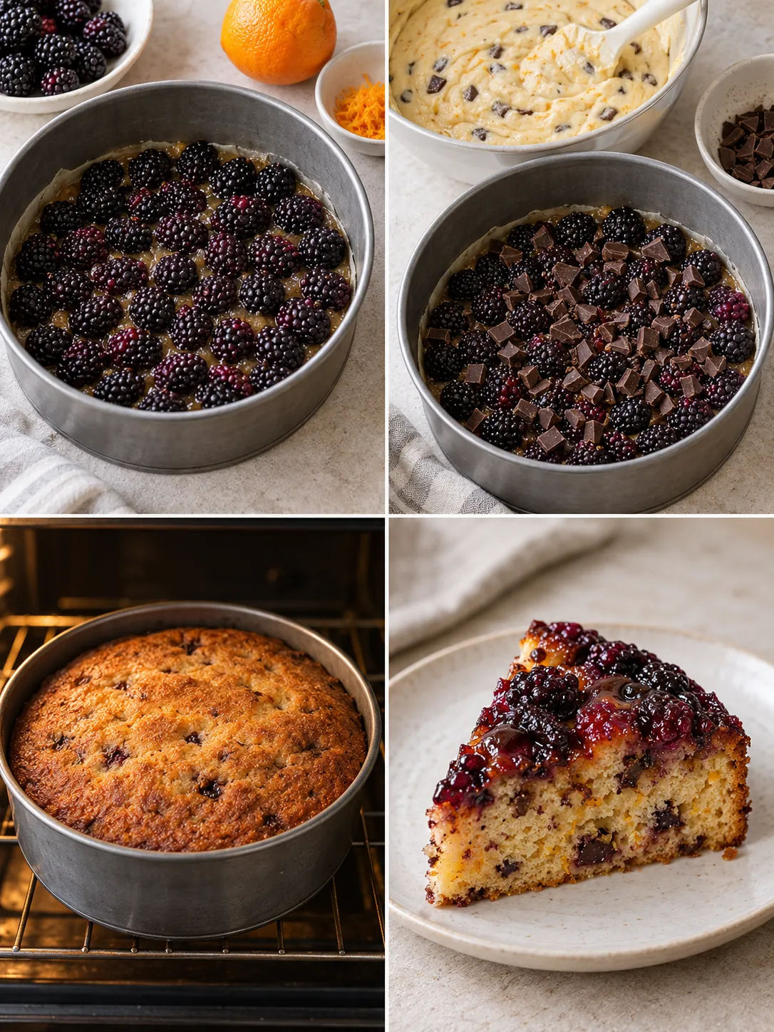 Upside-down fruit cake with blackberries and orange — dark chocolate