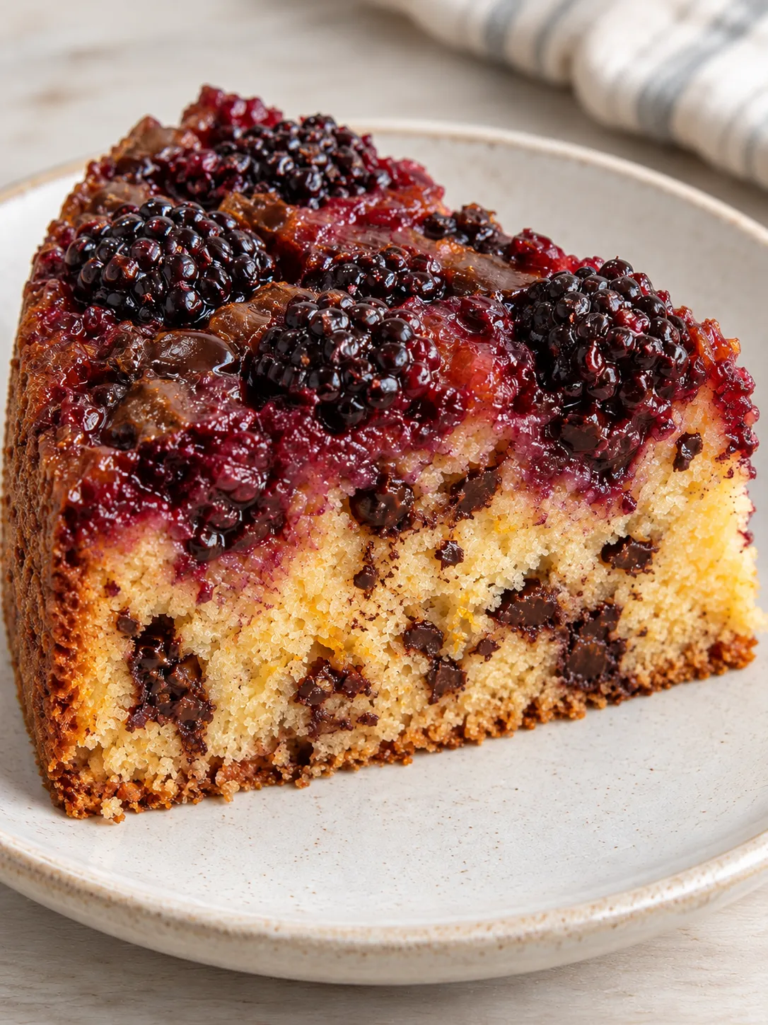 Upside-down fruit cake with blackberries and orange — dark chocolate