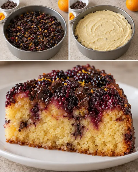 Upside-down fruit cake with blackberries and orange — dark chocolate