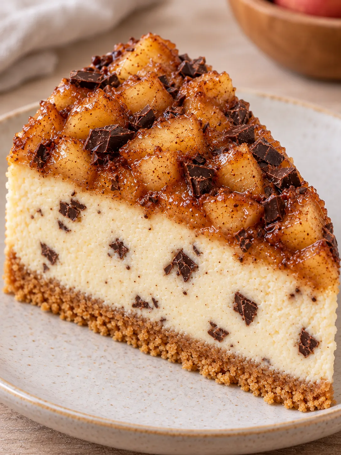 Baked cheesecake with apple and cinnamon — dark chocolate