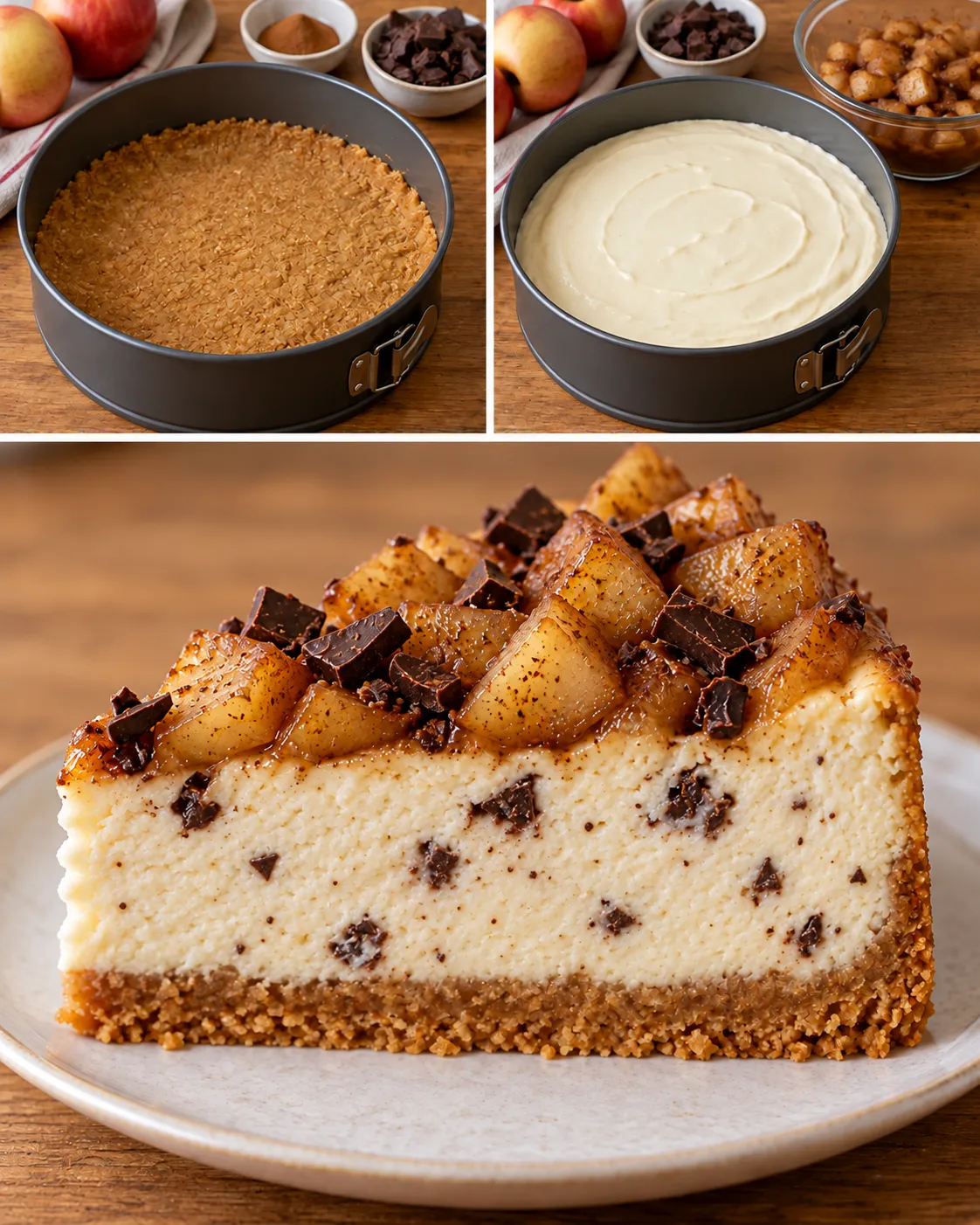 Baked cheesecake with apple and cinnamon — dark chocolate