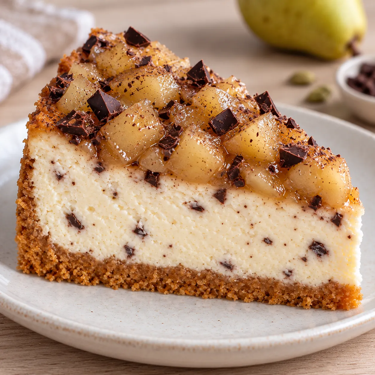 Baked cheesecake with pear and cardamom — dark chocolate
