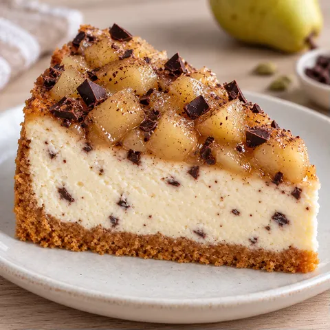 Baked cheesecake with pear and cardamom — dark chocolate