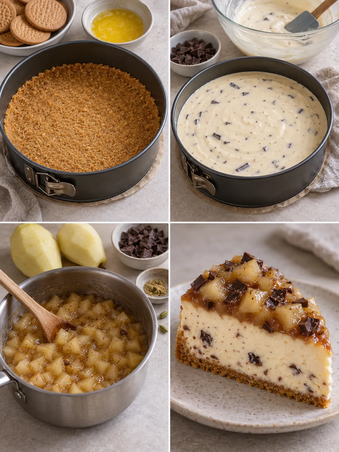 Baked cheesecake with pear and cardamom — dark chocolate