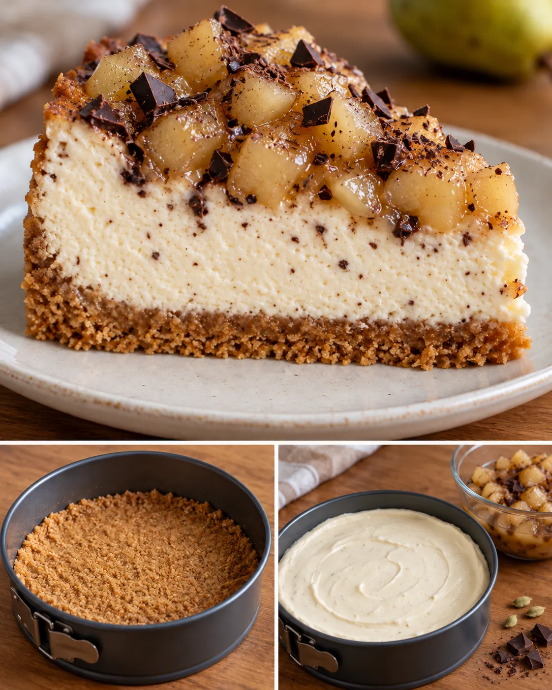 Baked cheesecake with pear and cardamom — dark chocolate
