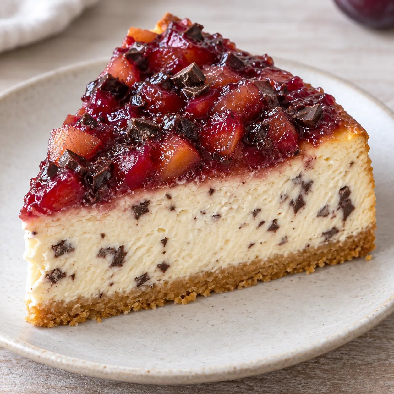 Baked cheesecake with plums and vanilla — dark chocolate