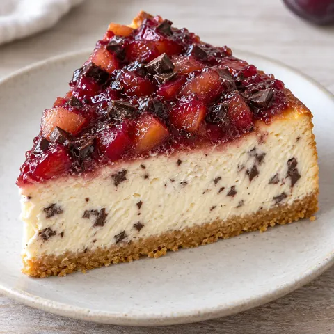 Baked cheesecake with plums and vanilla — dark chocolate