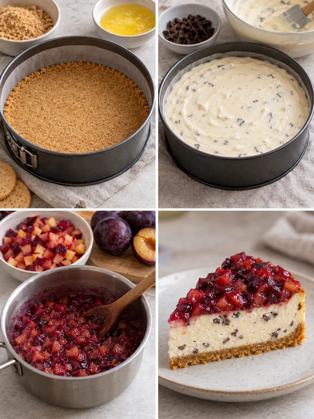 Baked cheesecake with plums and vanilla — dark chocolate
