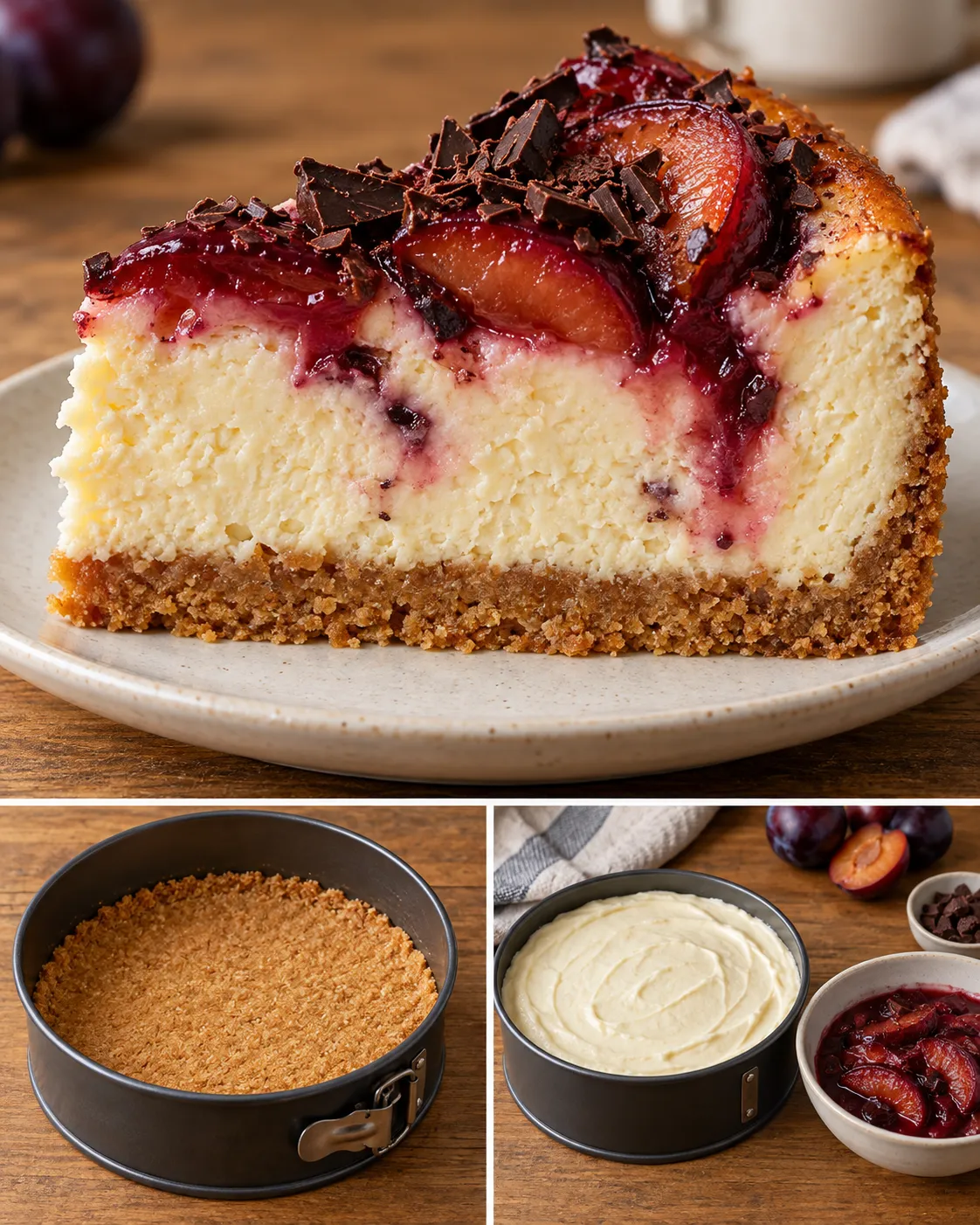 Baked cheesecake with plums and vanilla — dark chocolate