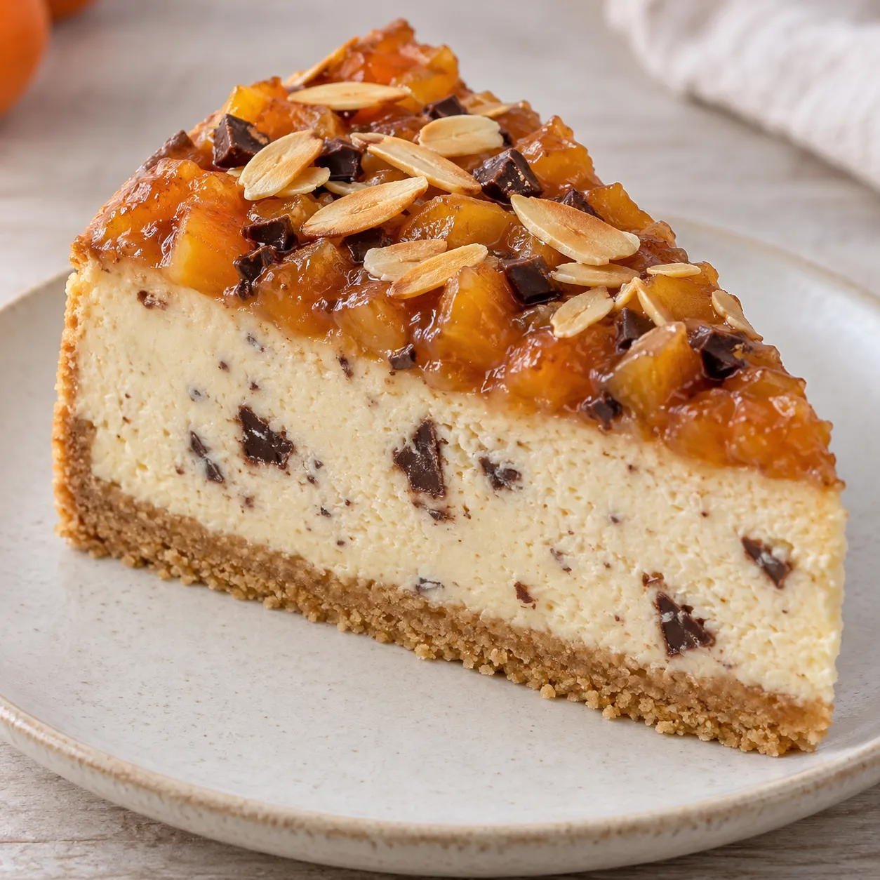 Baked cheesecake with apricots and almonds — dark chocolate
