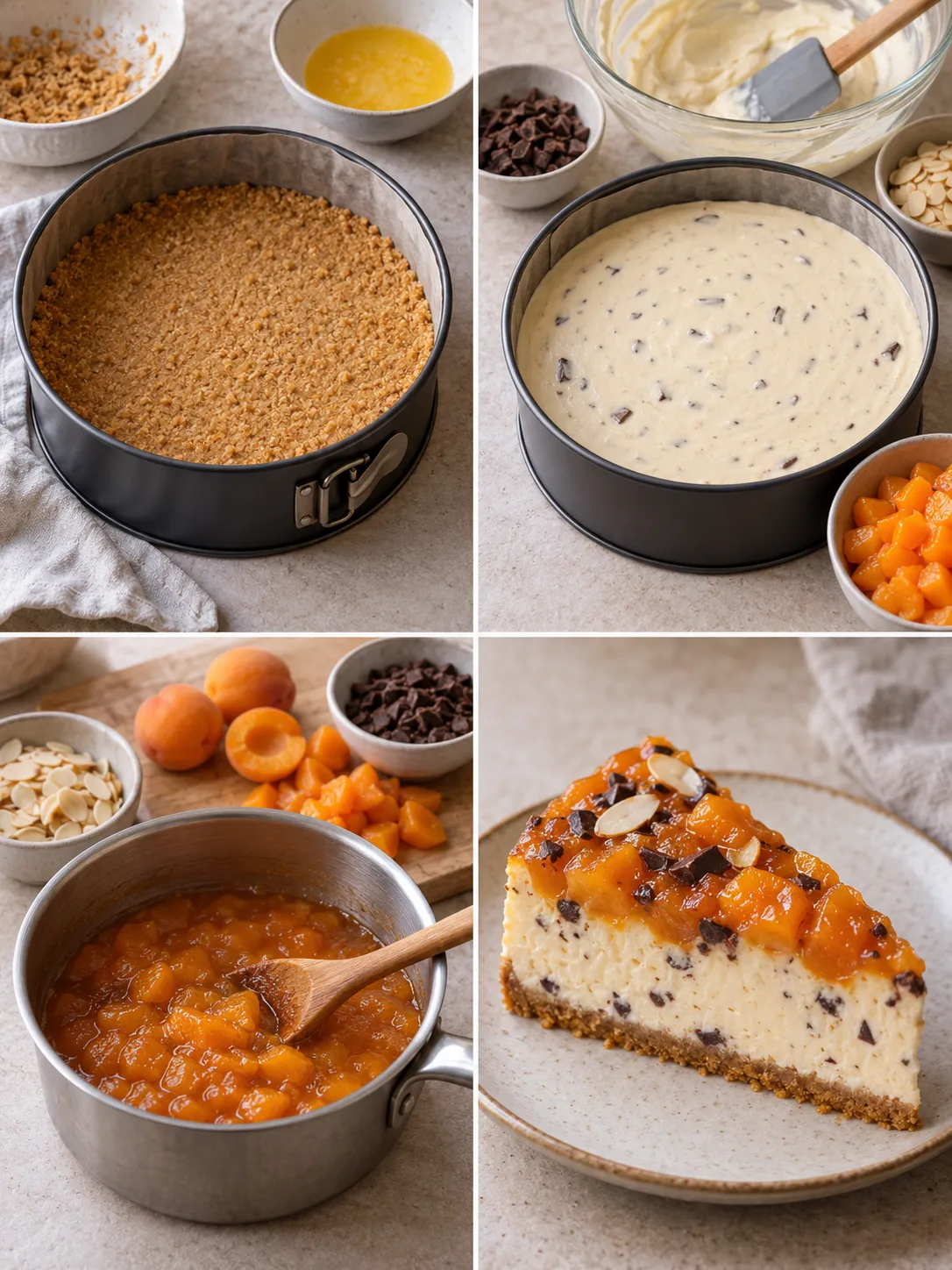 Baked cheesecake with apricots and almonds — dark chocolate