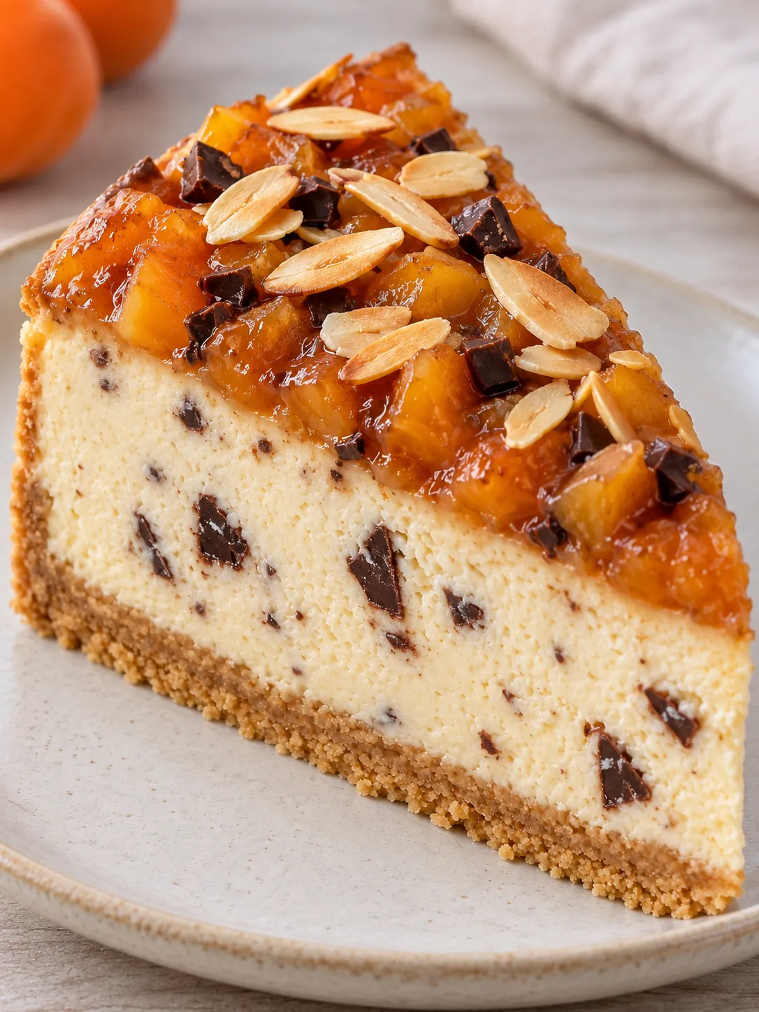 Baked cheesecake with apricots and almonds — dark chocolate
