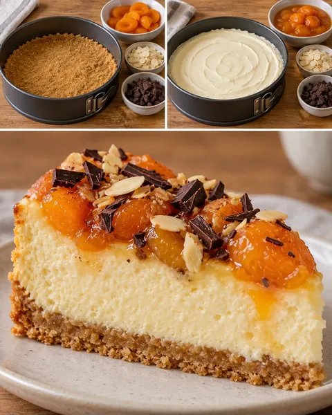 Baked cheesecake with apricots and almonds — dark chocolate