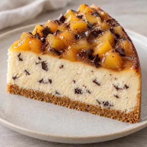 Baked cheesecake with peaches and vanilla — dark chocolate