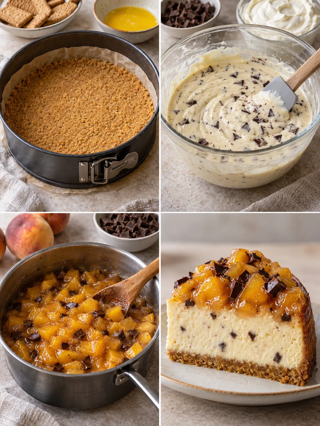 Baked cheesecake with peaches and vanilla — dark chocolate