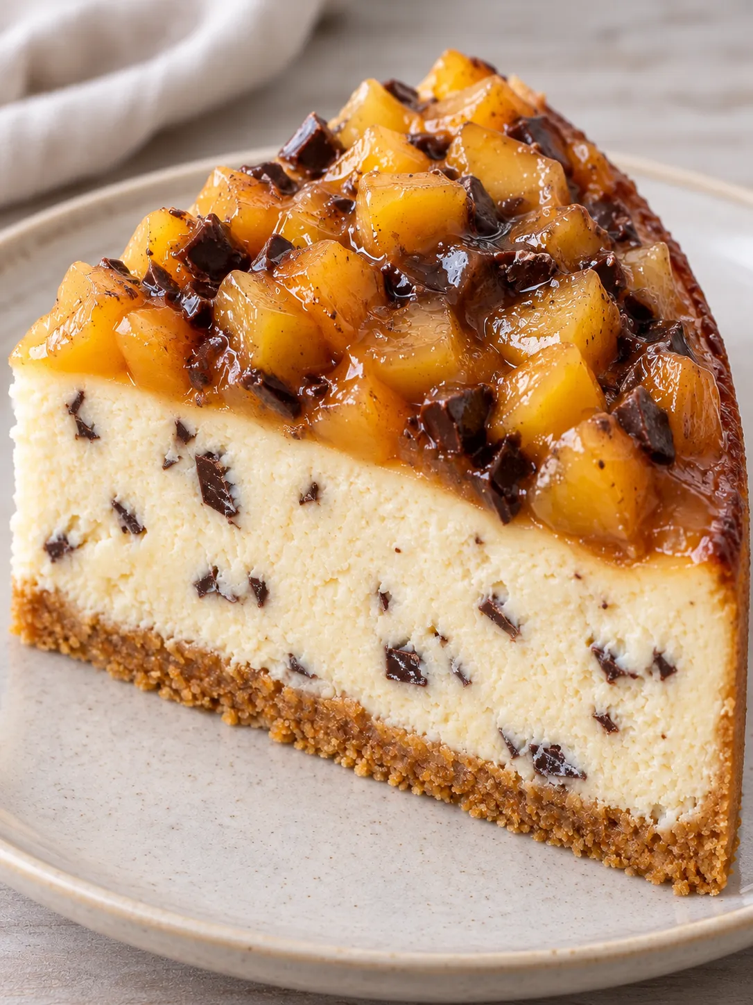 Baked cheesecake with peaches and vanilla — dark chocolate