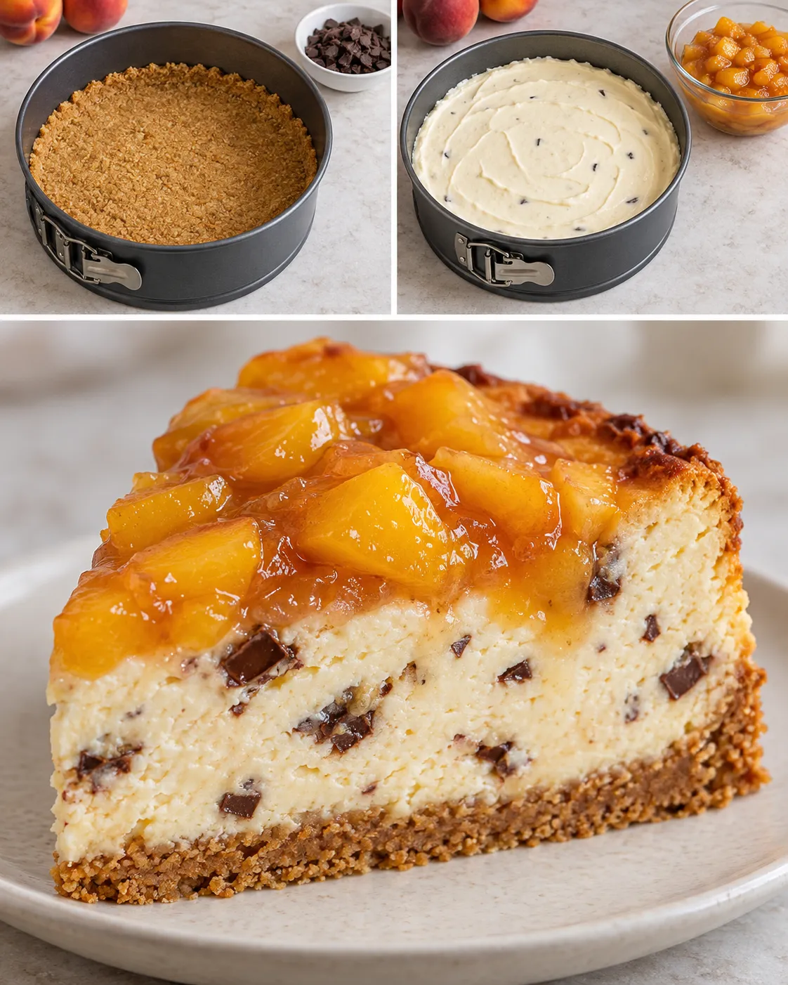 Baked cheesecake with peaches and vanilla — dark chocolate