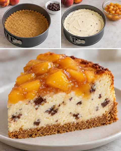 Baked cheesecake with peaches and vanilla — dark chocolate