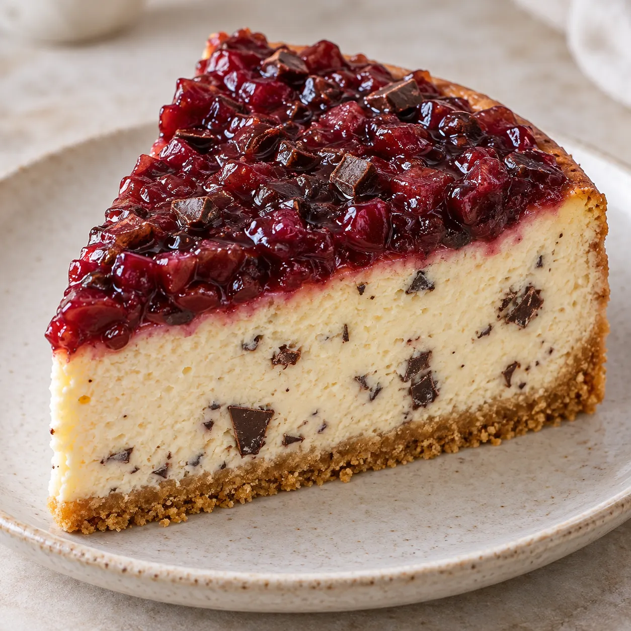 Baked cheesecake with cherries and lemon — dark chocolate