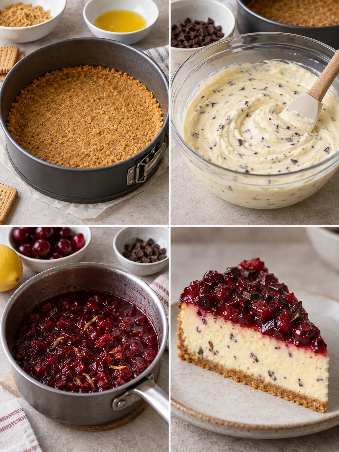 Baked cheesecake with cherries and lemon — dark chocolate
