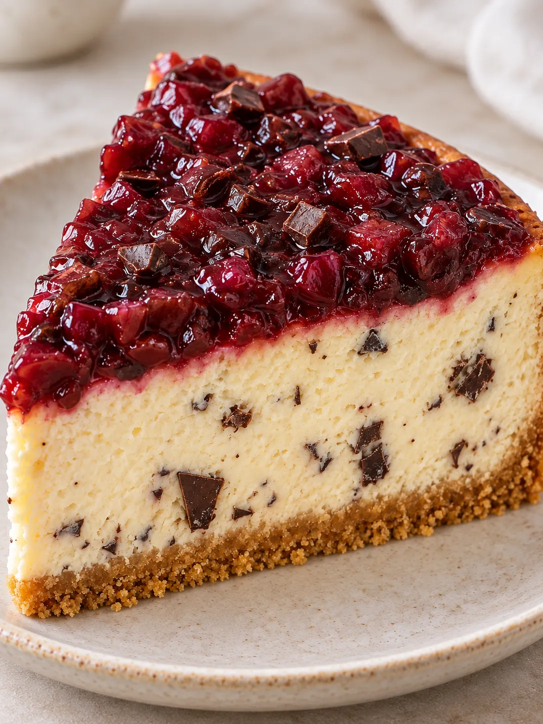 Baked cheesecake with cherries and lemon — dark chocolate