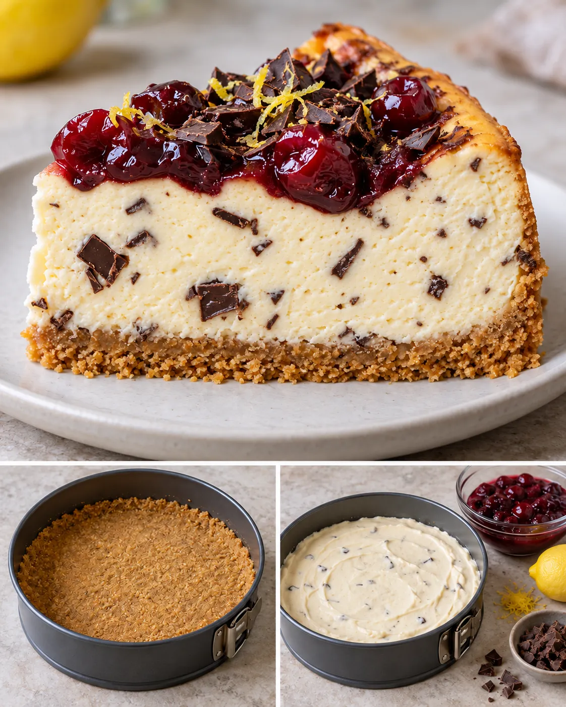 Baked cheesecake with cherries and lemon — dark chocolate