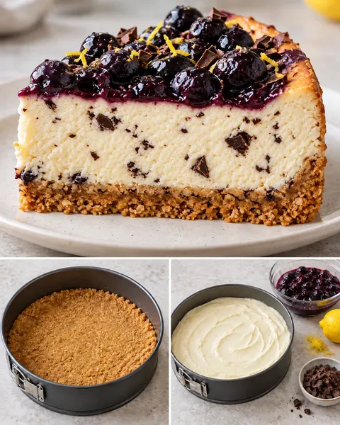 Baked cheesecake with blueberries and lemon — dark chocolate