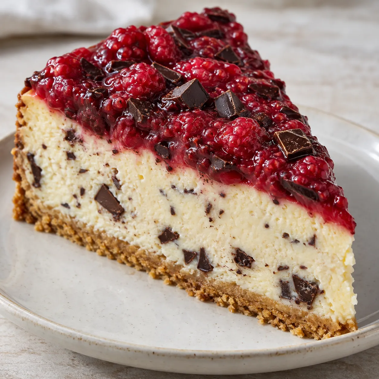Baked cheesecake with raspberries and vanilla — dark chocolate