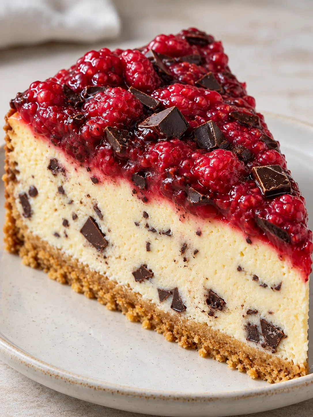 Baked cheesecake with raspberries and vanilla — dark chocolate