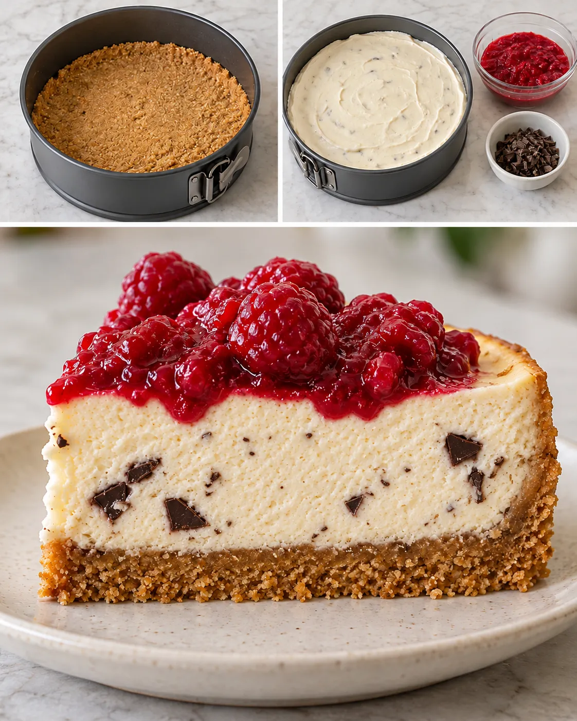 Baked cheesecake with raspberries and vanilla — dark chocolate