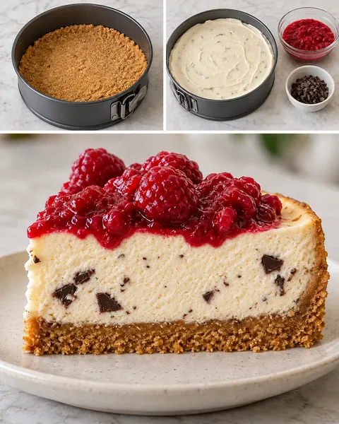 Baked cheesecake with raspberries and vanilla — dark chocolate