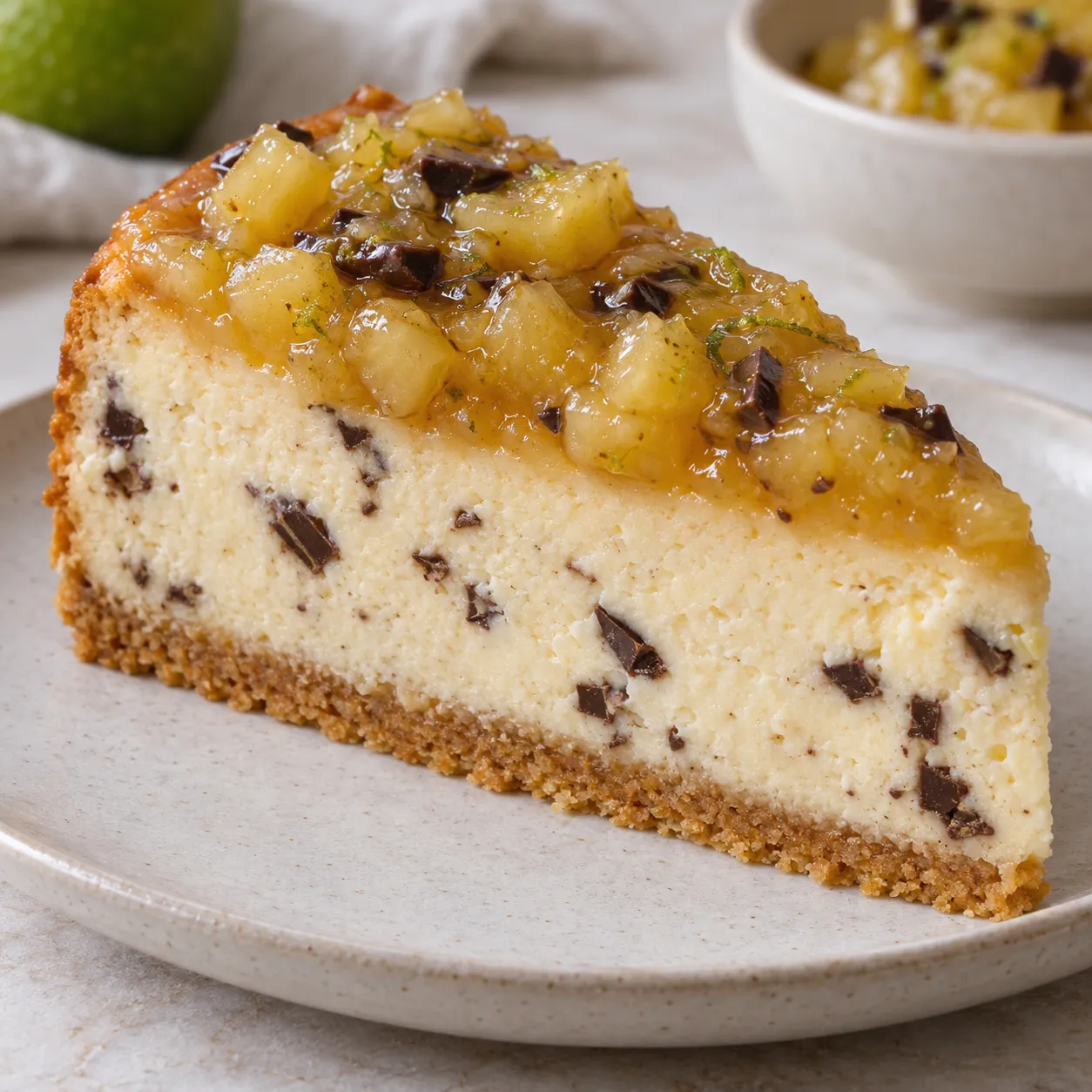 Baked cheesecake with pineapple and lime — dark chocolate