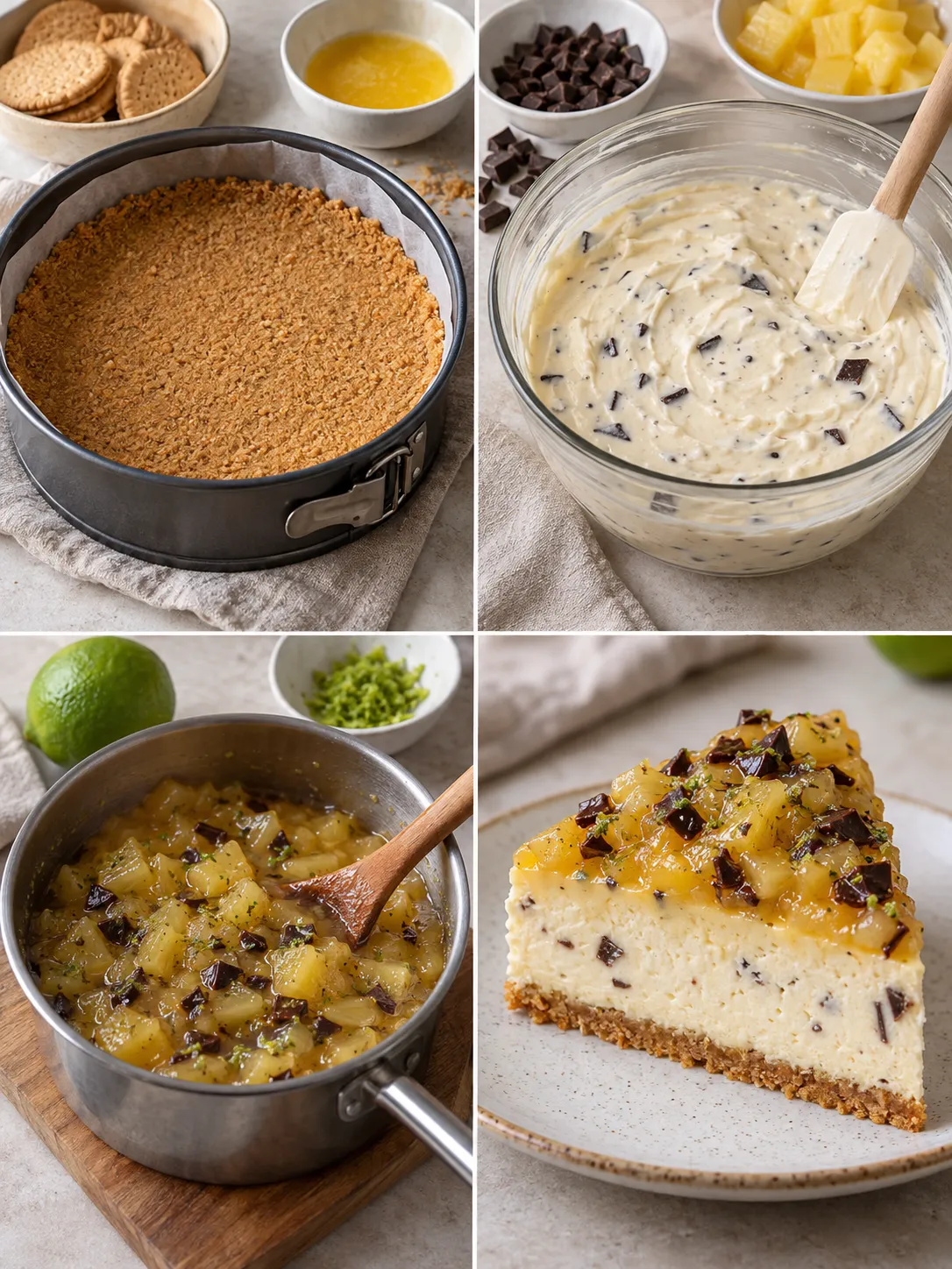 Baked cheesecake with pineapple and lime — dark chocolate