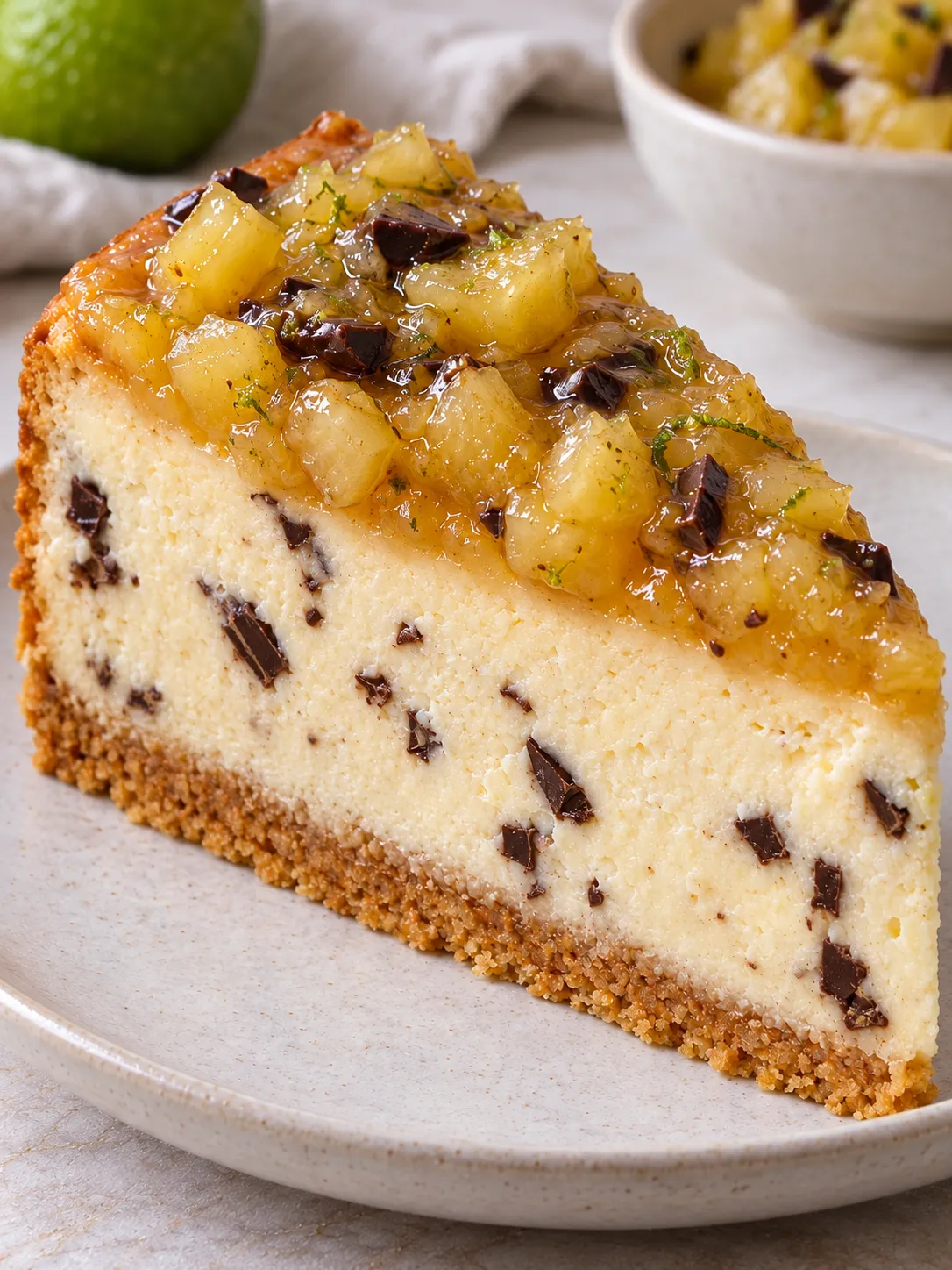 Baked cheesecake with pineapple and lime — dark chocolate