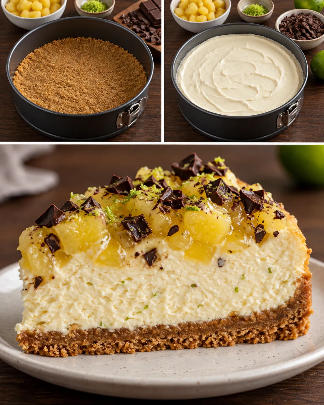 Baked cheesecake with pineapple and lime — dark chocolate