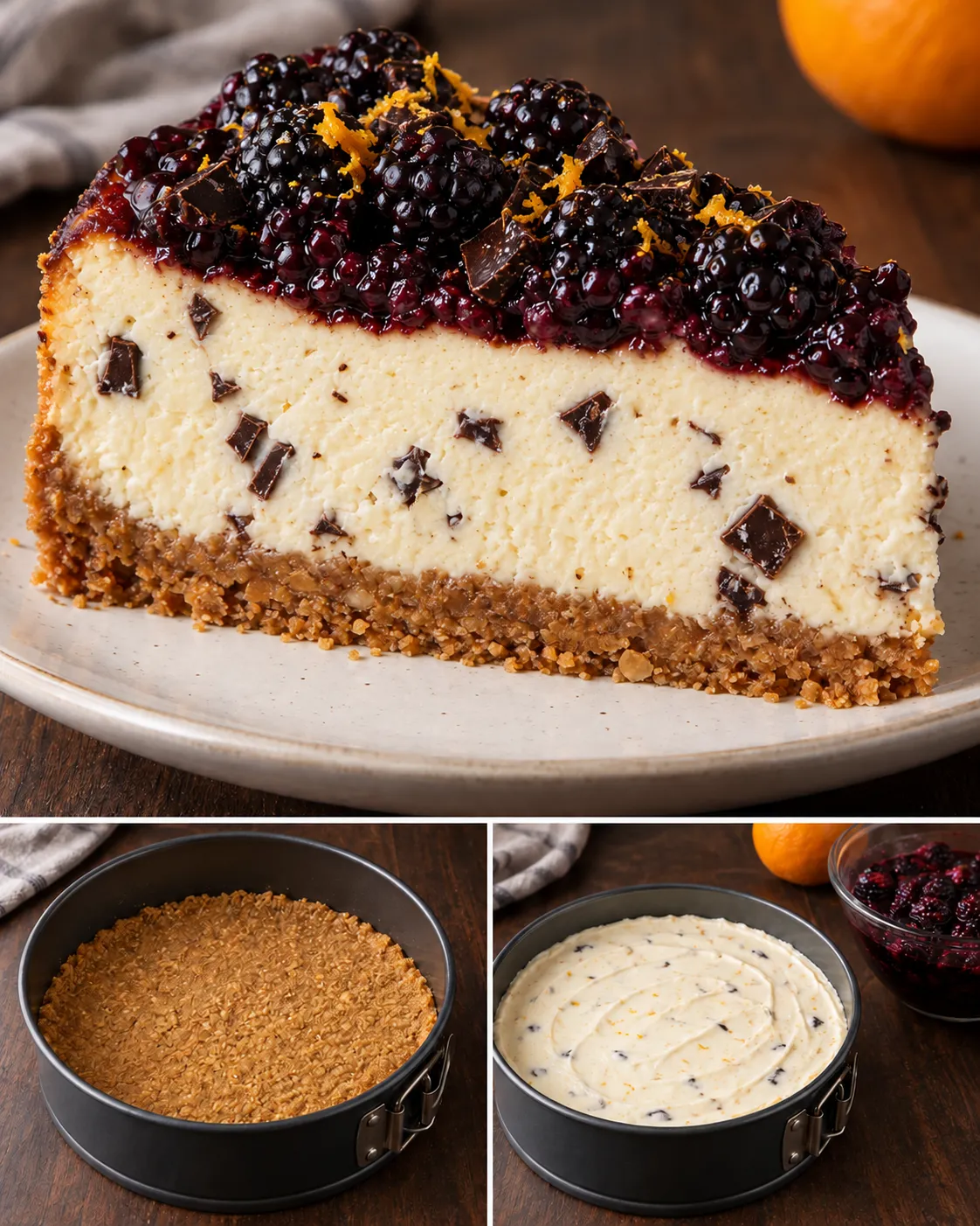 Baked cheesecake with blackberries and orange — dark chocolate