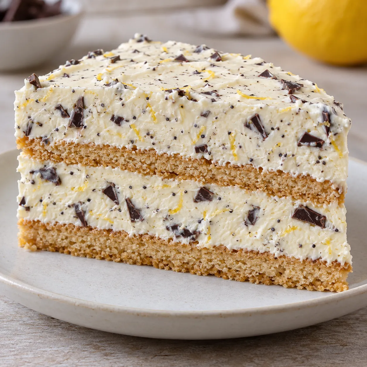 No-bake biscuit cake with lemon and poppy seeds — dark chocolate