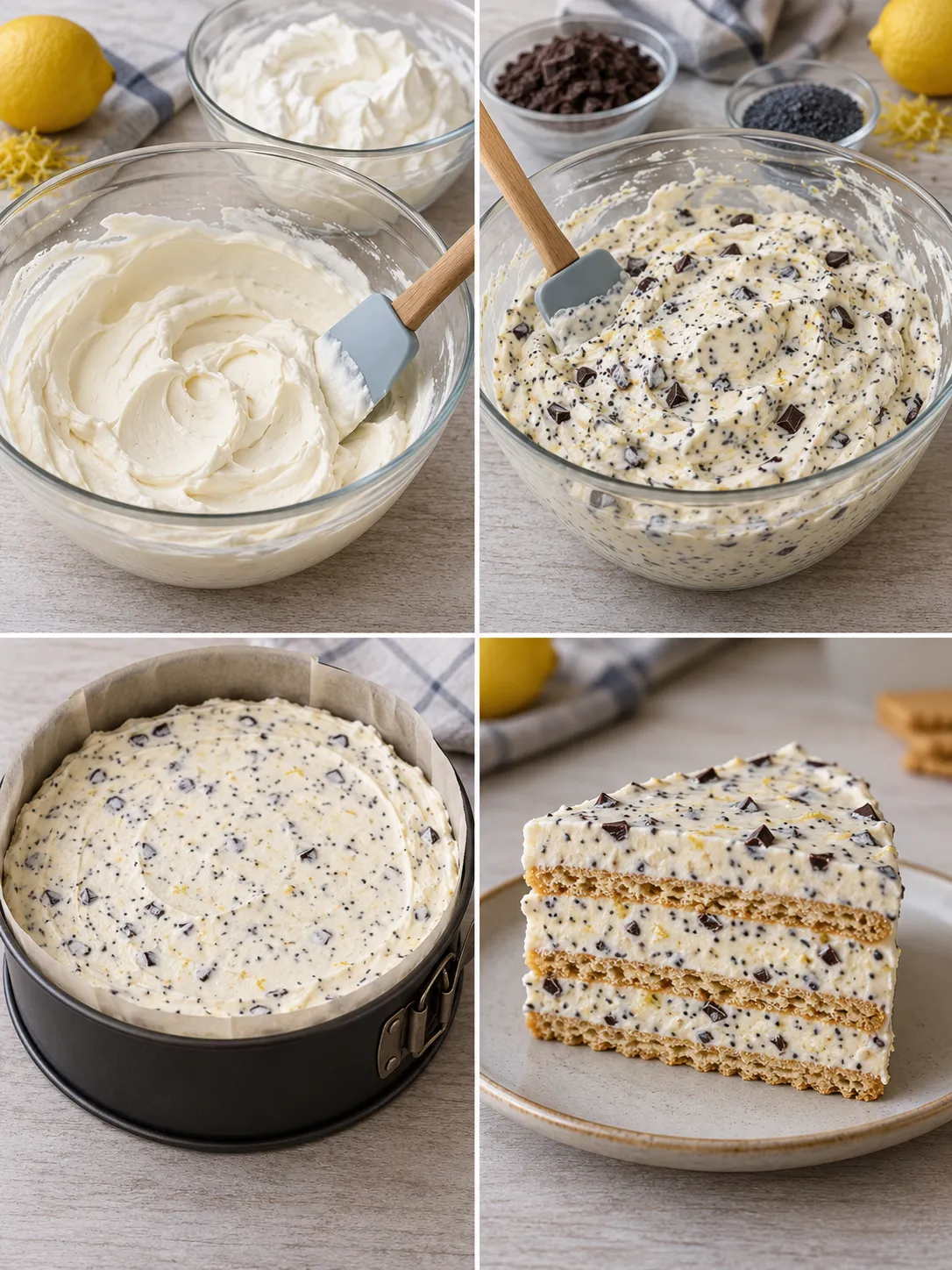 No-bake biscuit cake with lemon and poppy seeds — dark chocolate