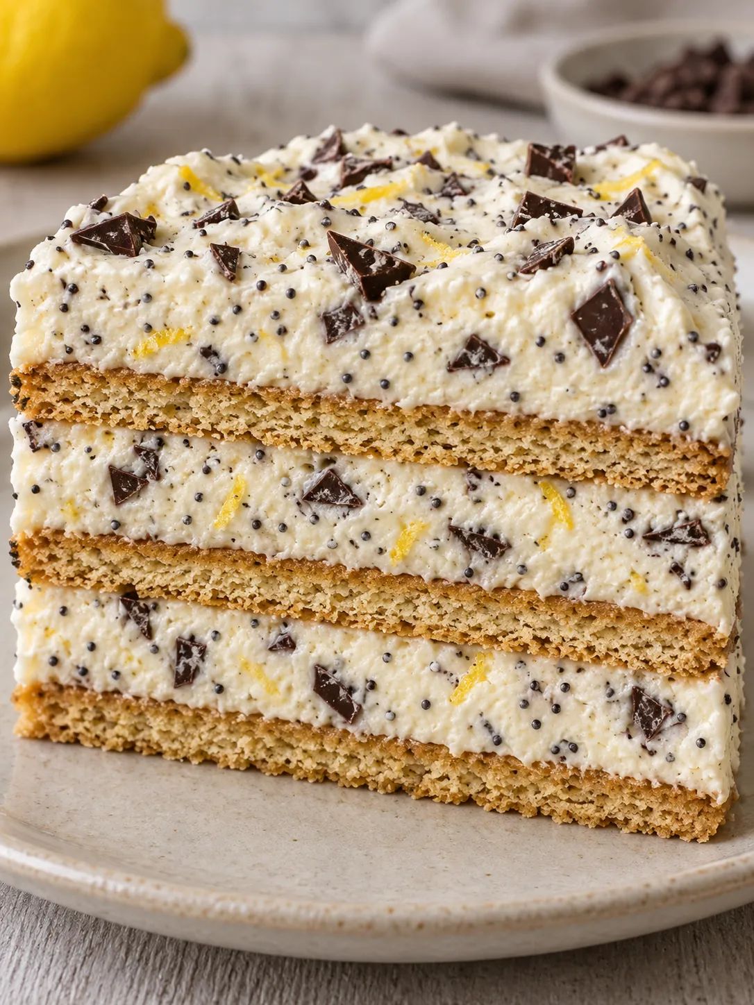 No-bake biscuit cake with lemon and poppy seeds — dark chocolate