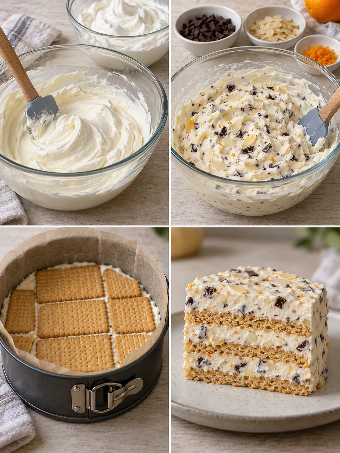 No-bake biscuit cake with orange and almonds — dark chocolate