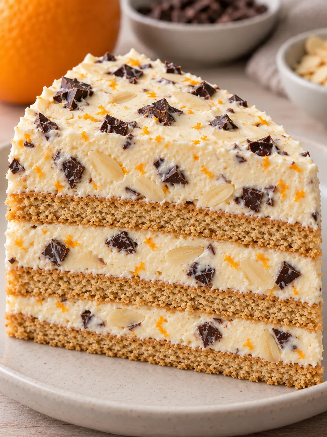 No-bake biscuit cake with orange and almonds — dark chocolate