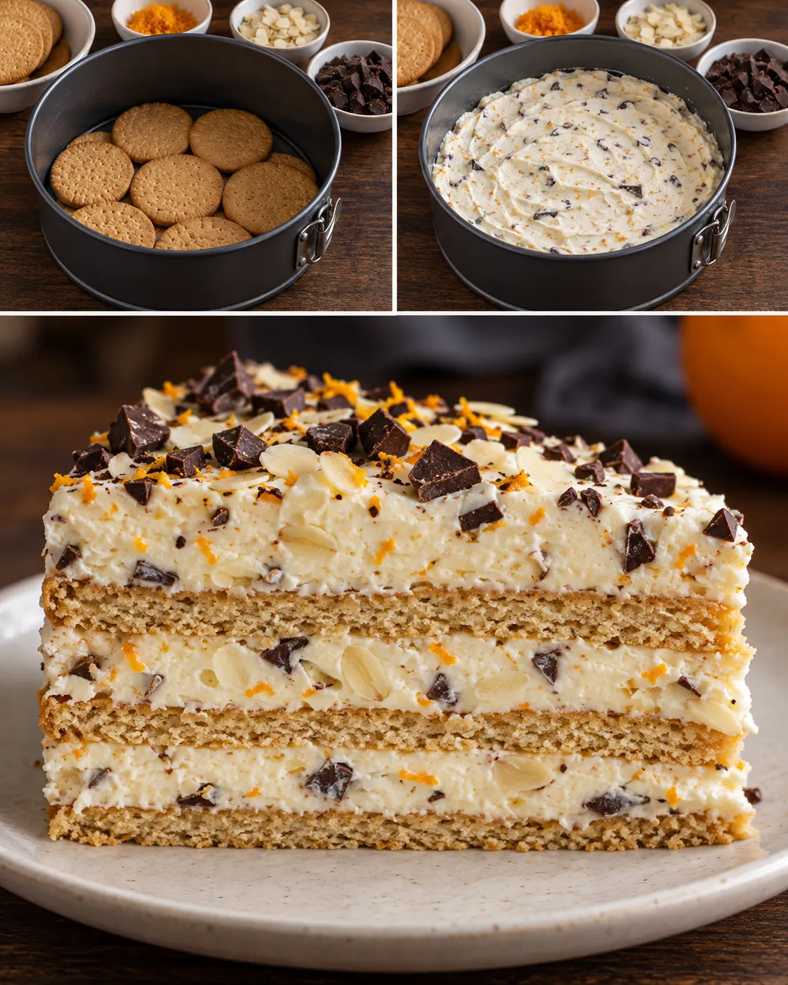 No-bake biscuit cake with orange and almonds — dark chocolate
