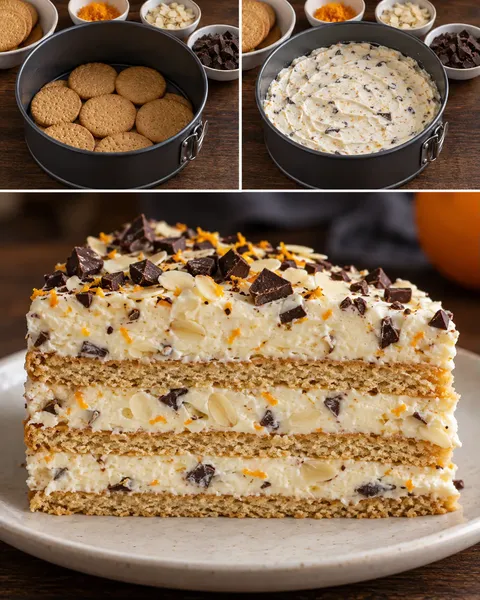 No-bake biscuit cake with orange and almonds — dark chocolate