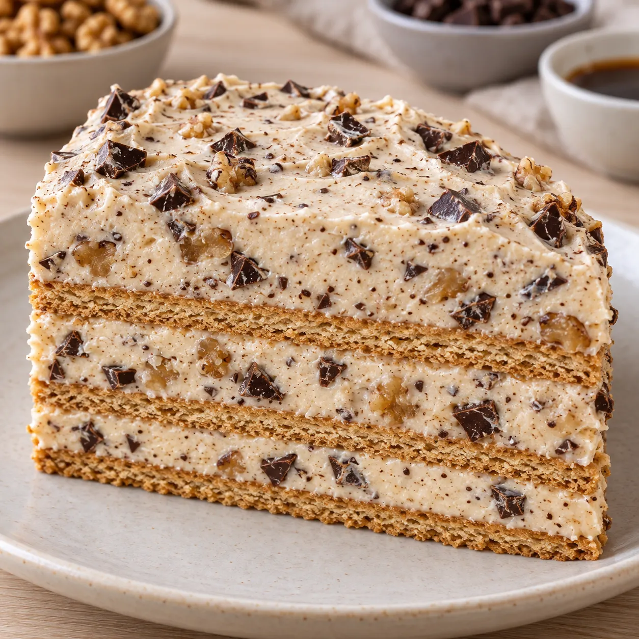No-bake biscuit cake with coffee and walnuts — dark chocolate