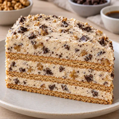 No-bake biscuit cake with coffee and walnuts — dark chocolate