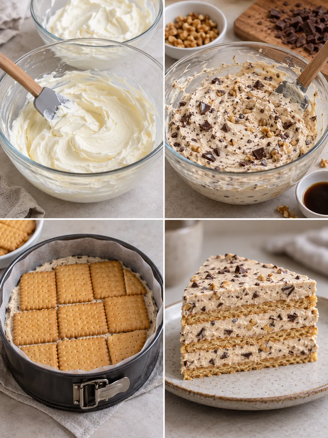 No-bake biscuit cake with coffee and walnuts — dark chocolate