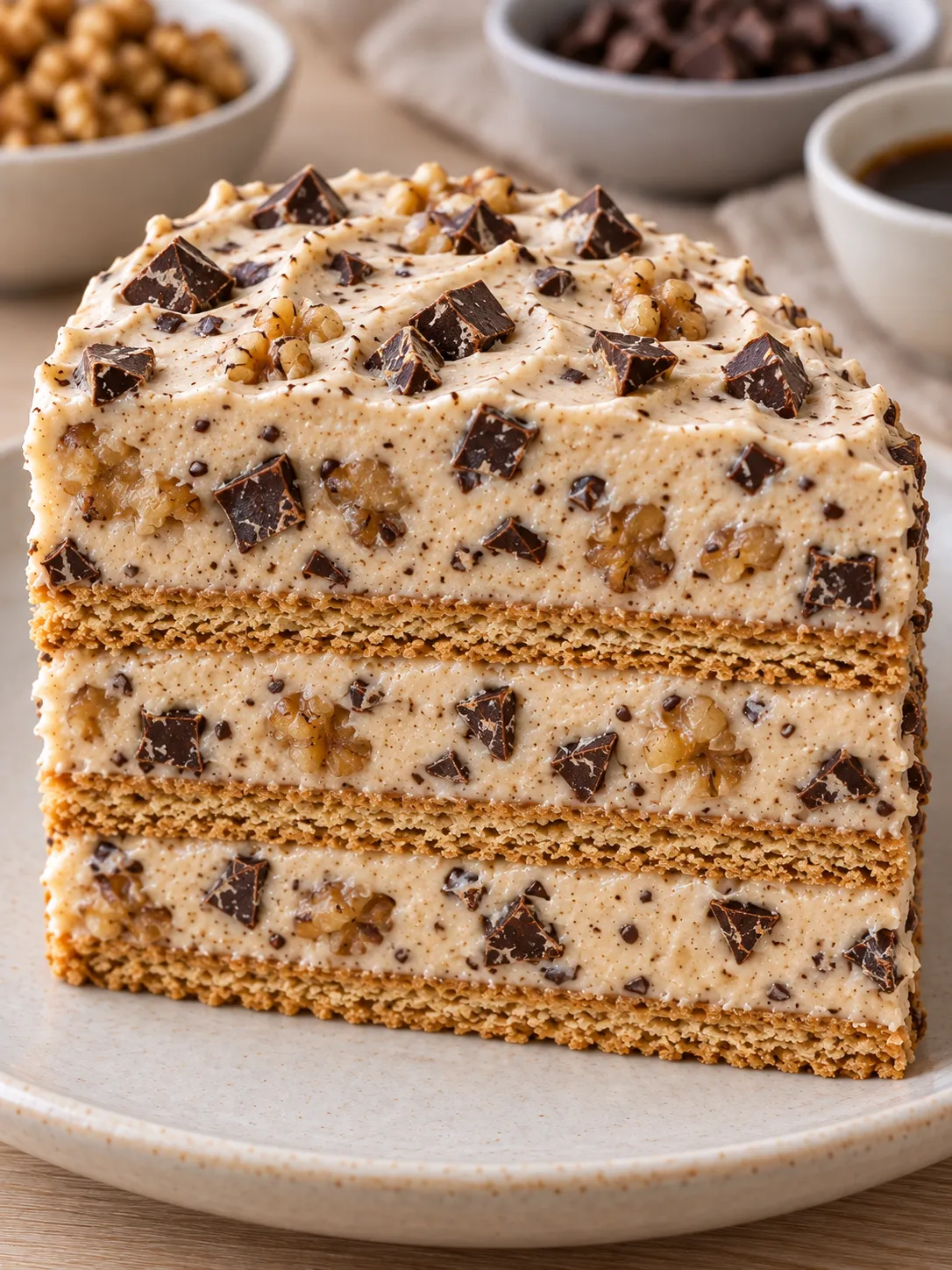 No-bake biscuit cake with coffee and walnuts — dark chocolate