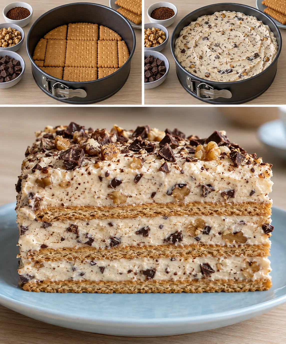No-bake biscuit cake with coffee and walnuts — dark chocolate