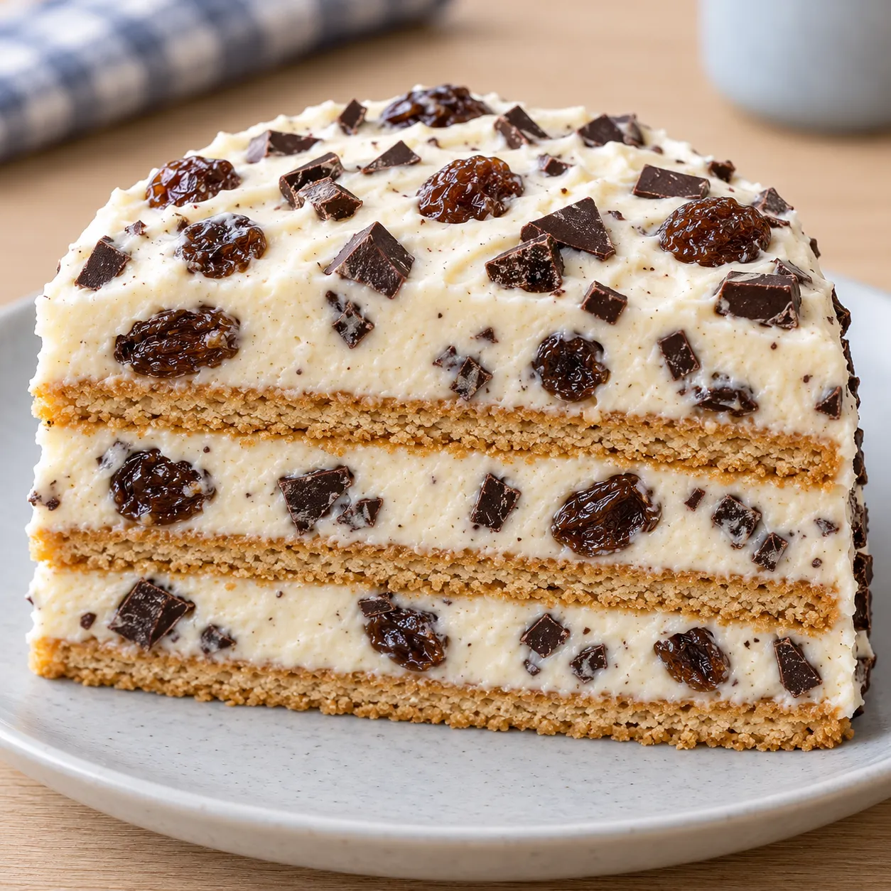 No-bake biscuit cake with vanilla and raisins — dark chocolate