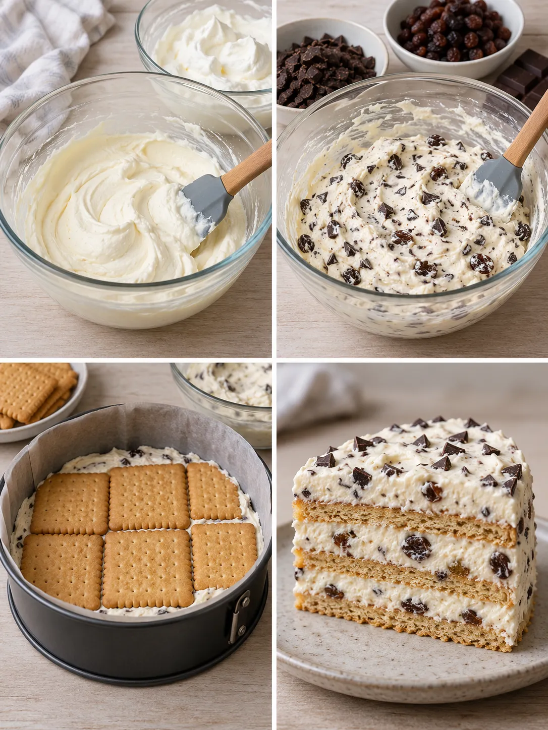 No-bake biscuit cake with vanilla and raisins — dark chocolate